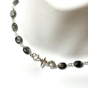 Genuine Grey Tourmalinated Quartz Short Necklace,Gemstone & Paw Print Heart Beat